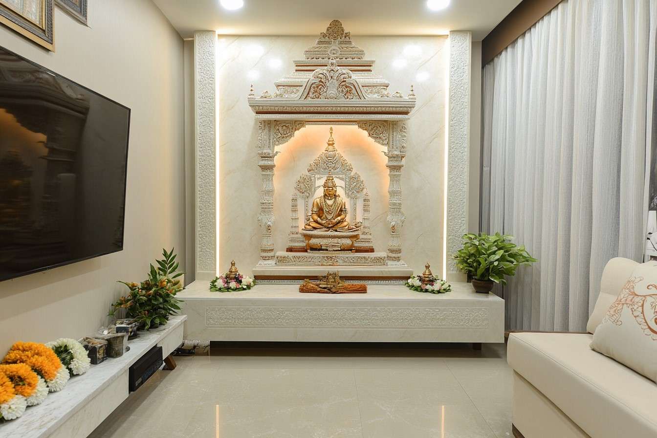 Wall-Mounted Mandir Design in Living Room