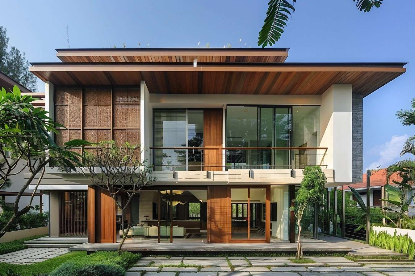 Wood and Glass Lattice Exterior Double-Storey House Design