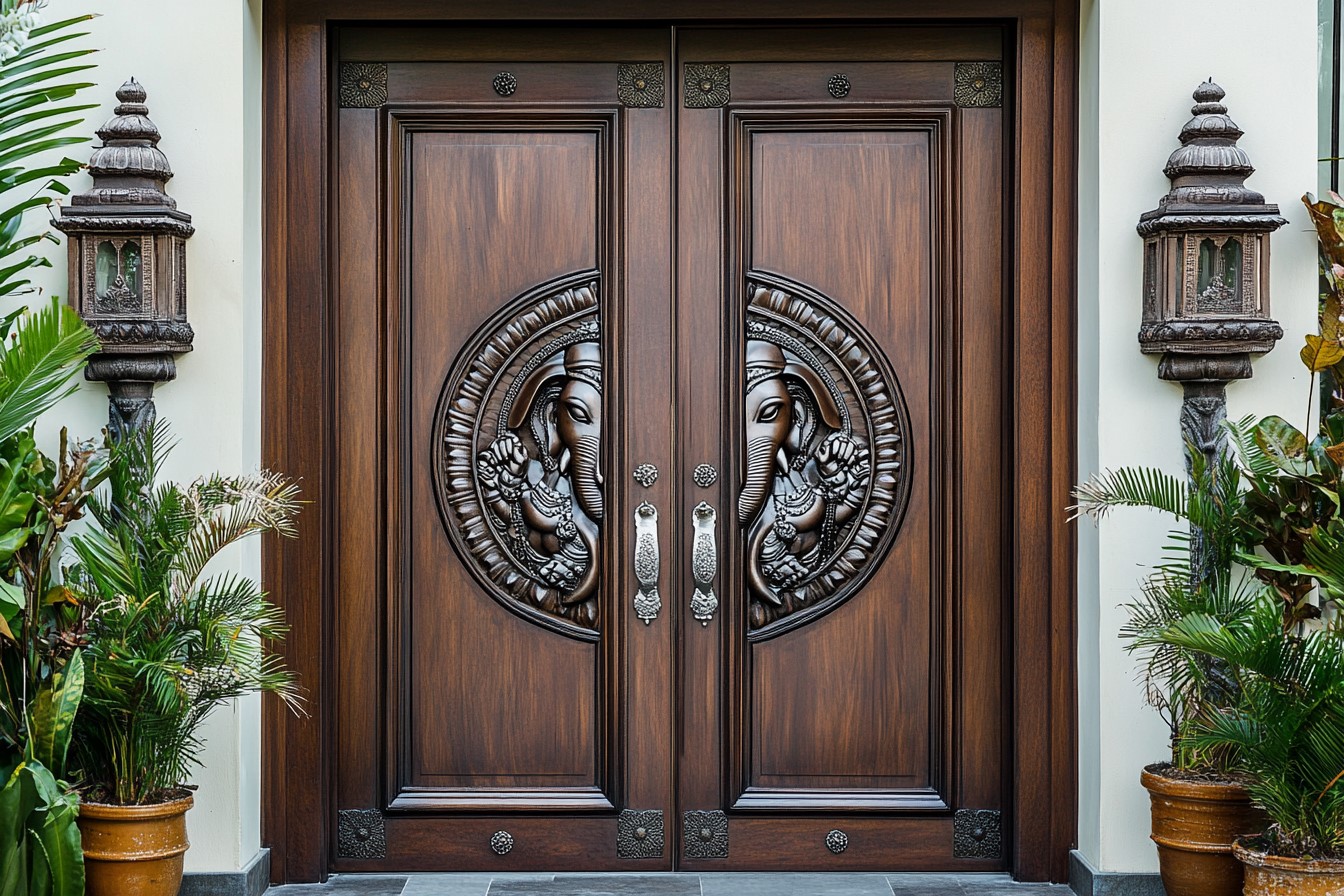 Wood and Metal Main Double Door Design with Lord Ganesha