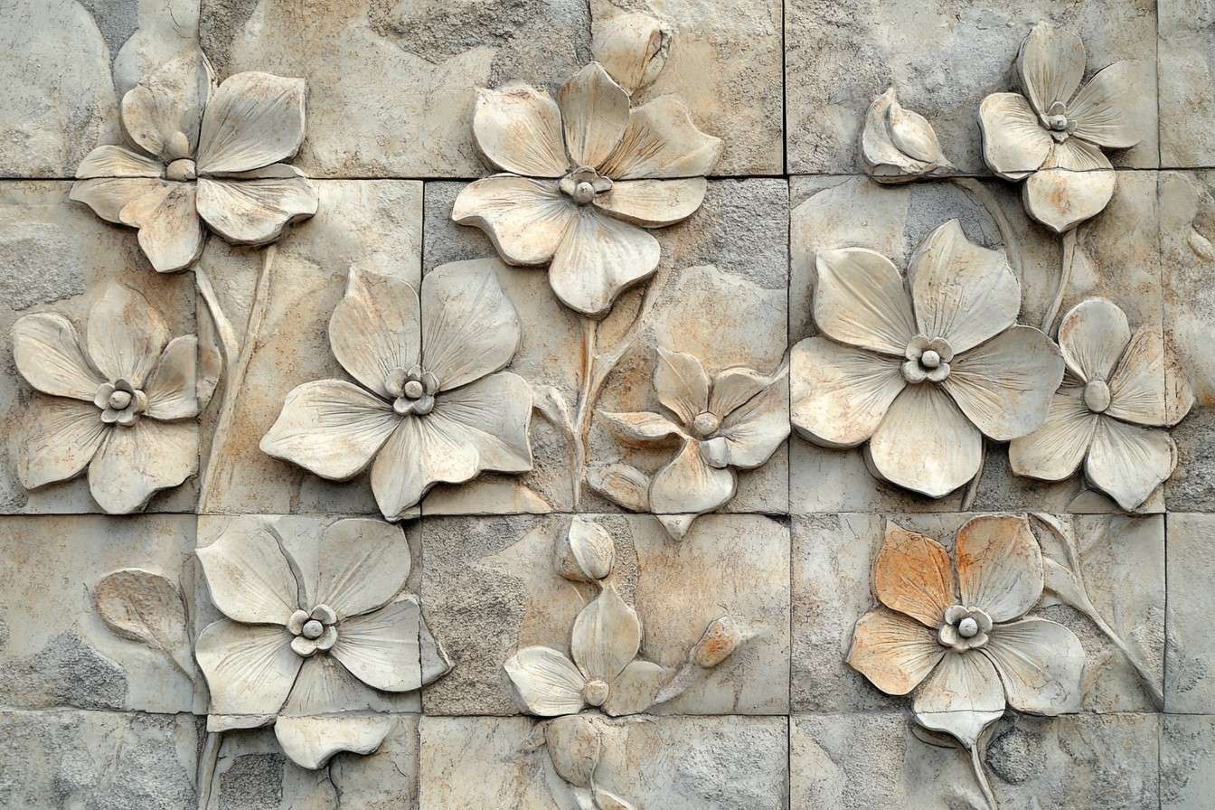 Embedded Flower Wall Tiles Design for Home Elevation