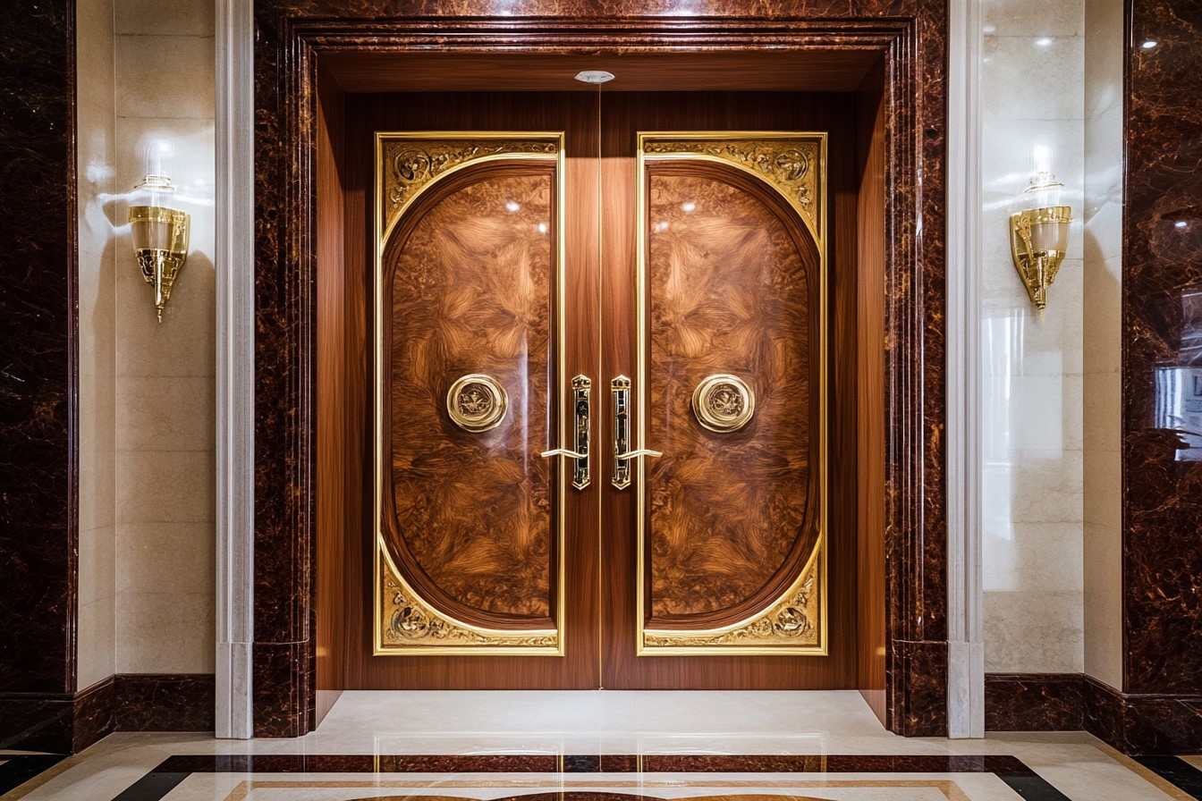 Veneer Main Double Door Design with Gold Features and Concealed Hinges