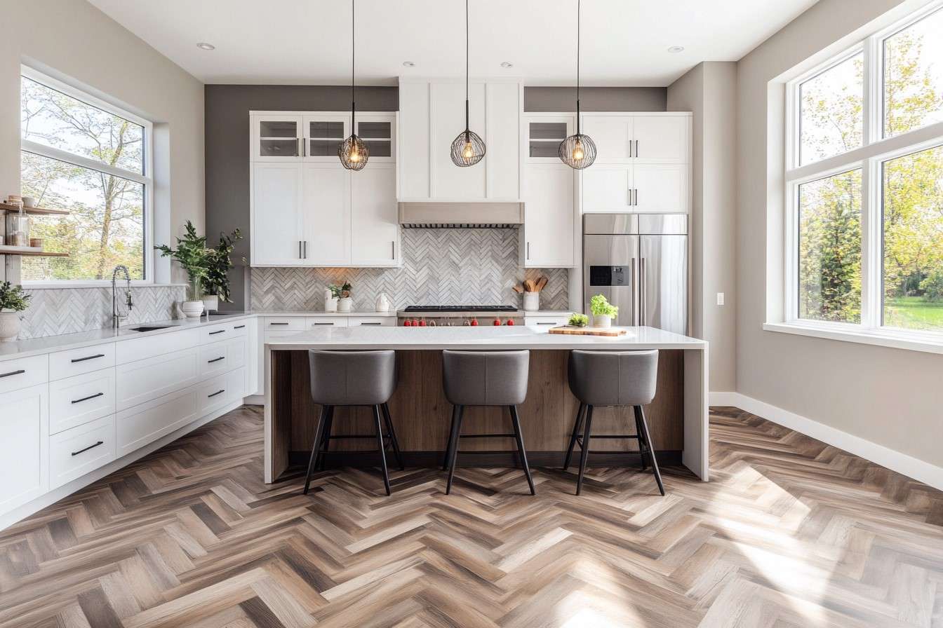 Kitchen Floor Tiles Design in Herringbone Pattern