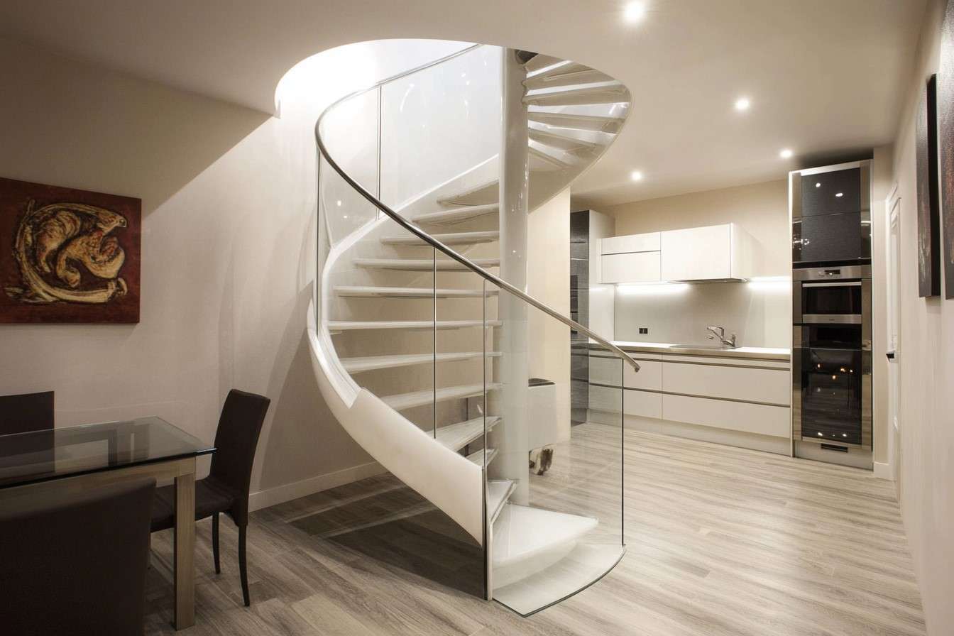 Modern Spiral Front Staircases Design with Glass Railing for Small Spaces