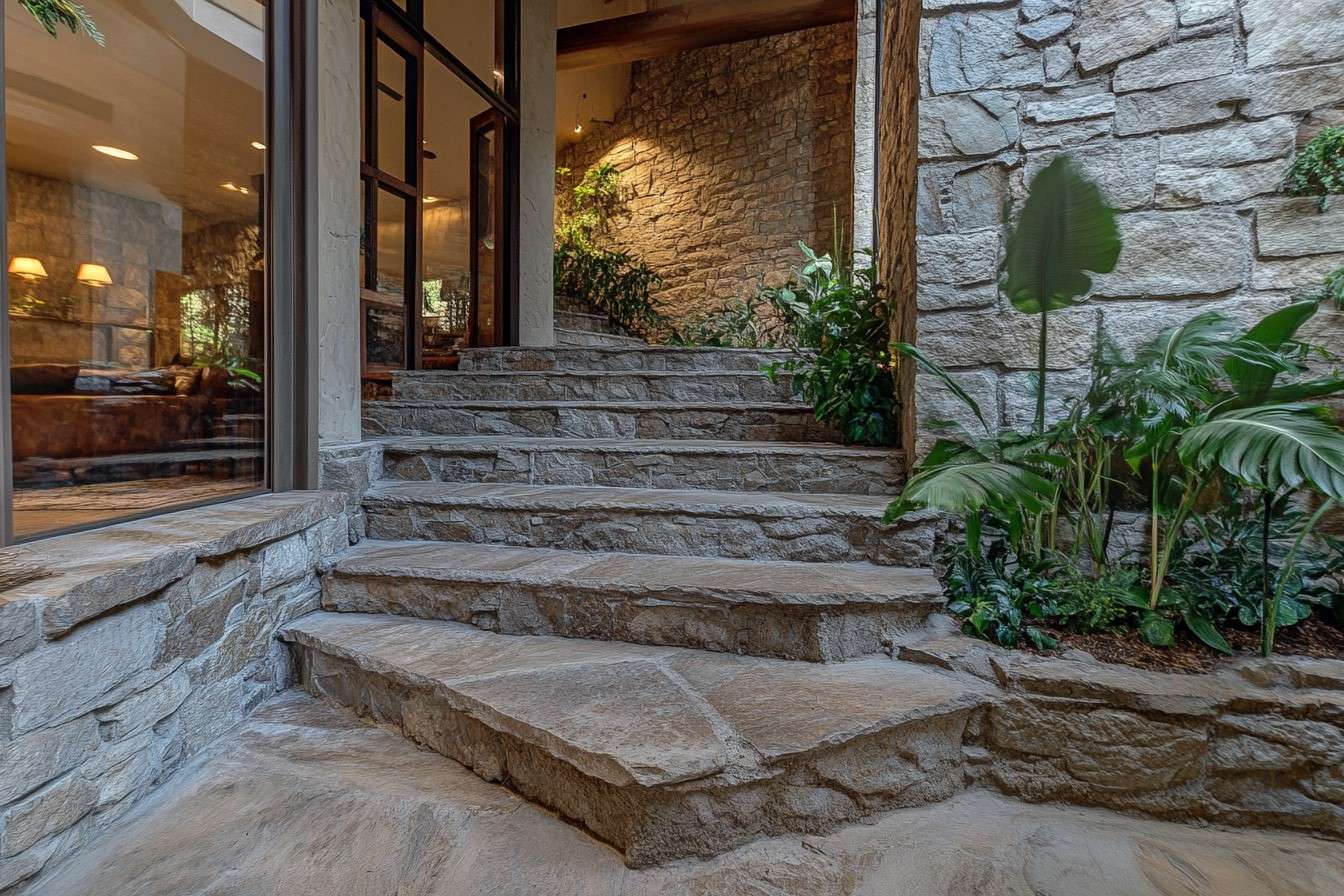 Stone Front Entrance Outdoor Staircase Design