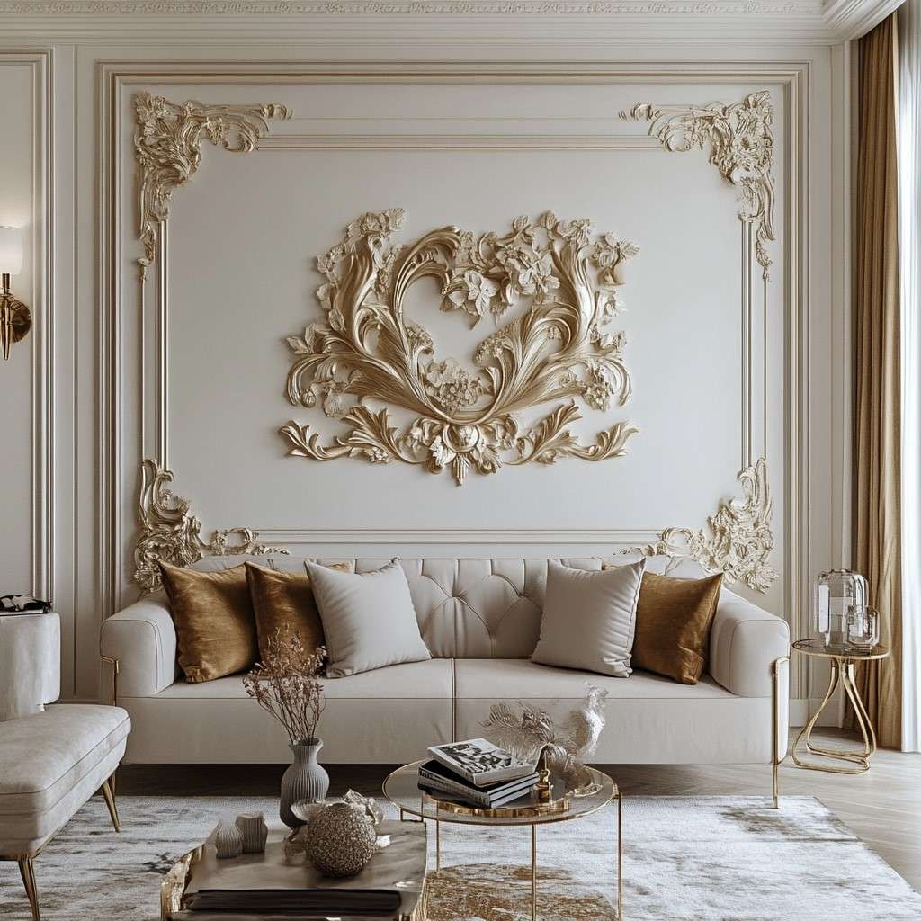 Elegant Living Room Wall Moulding Design with Golden Highlights