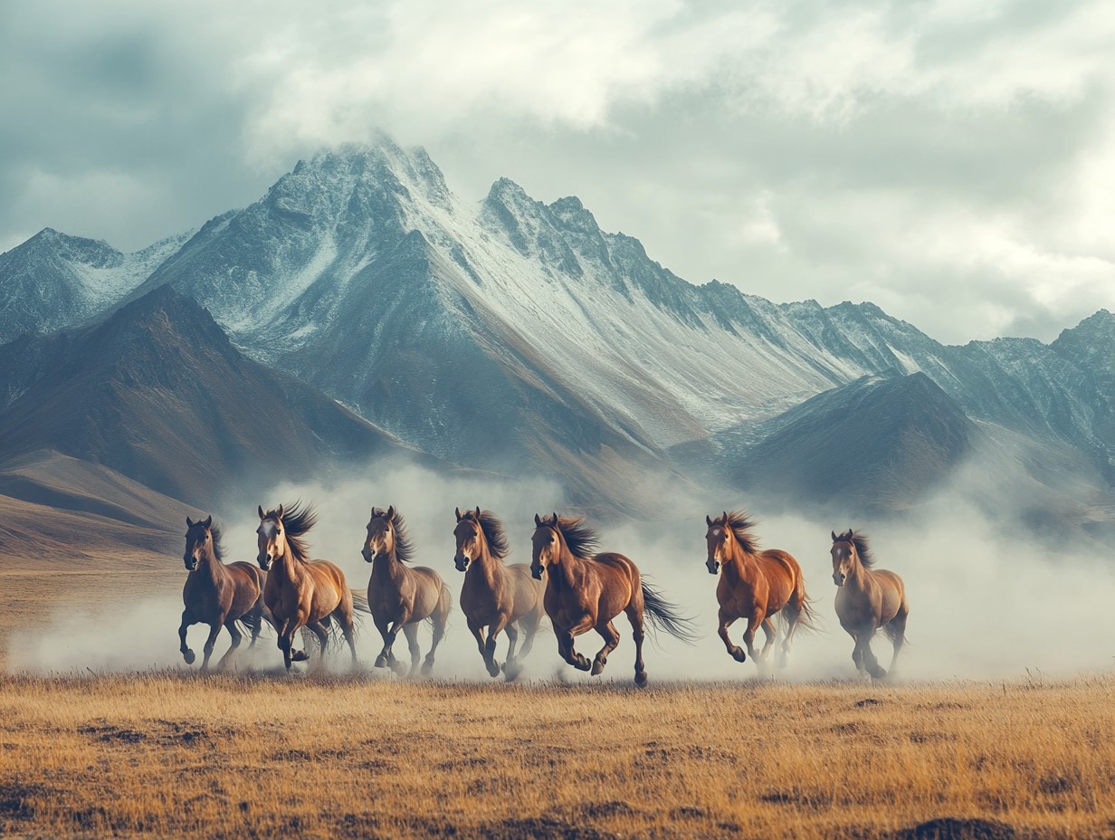 7-Horse Painting with a Mountain Backdrop- Vastu Benefits