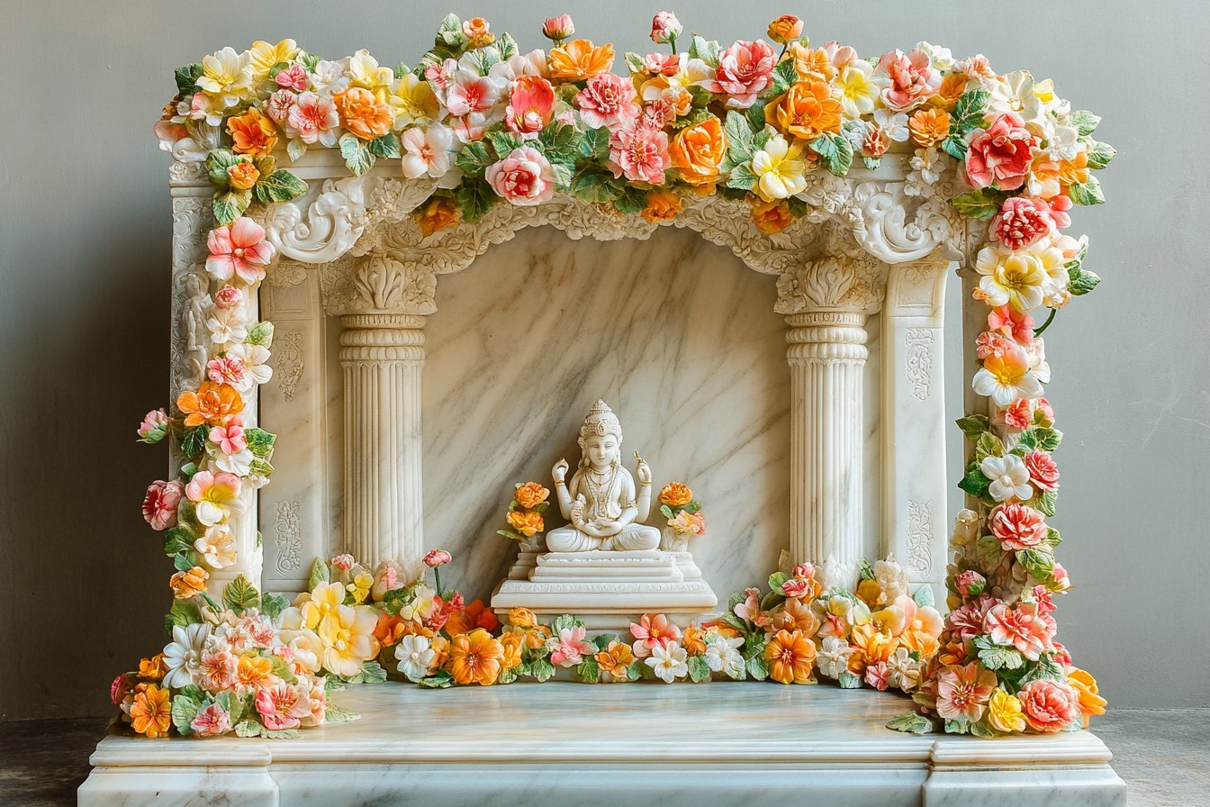 Marble Mandir Design for Home with Floral Carvings and Colourful Accents