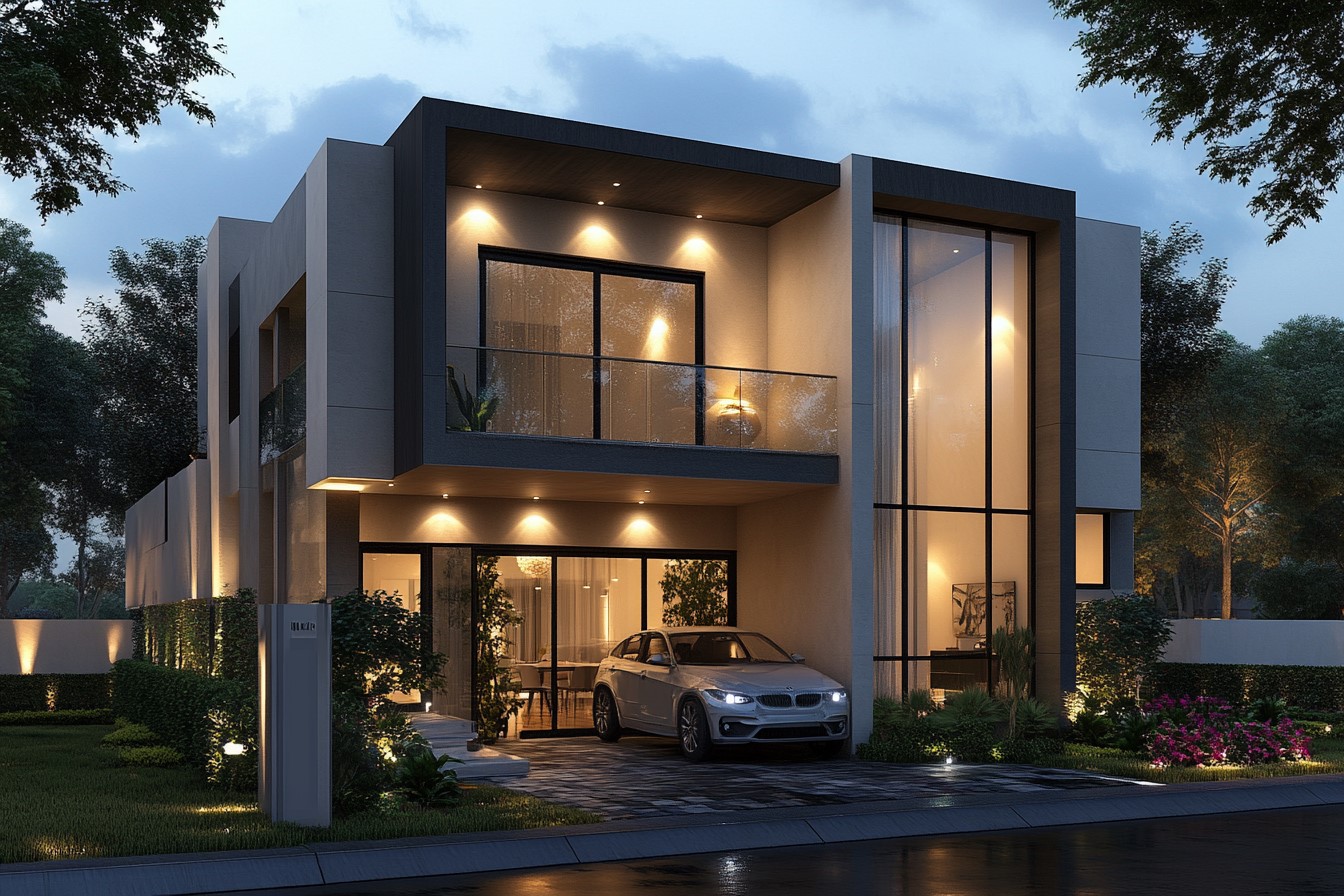 Modern Duplex House Design with Large Glass Front