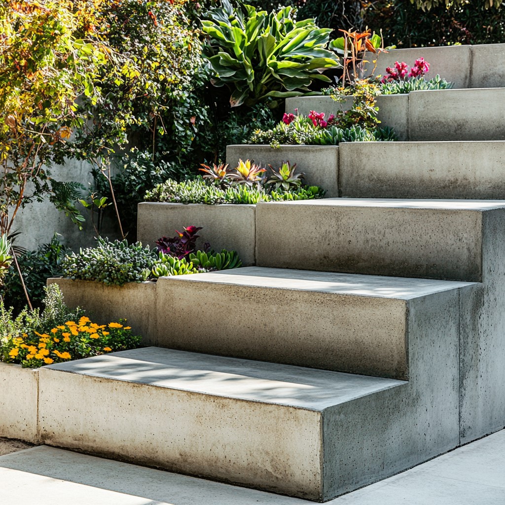 Outdoor Concreate Stairs Design with Built-in Planters