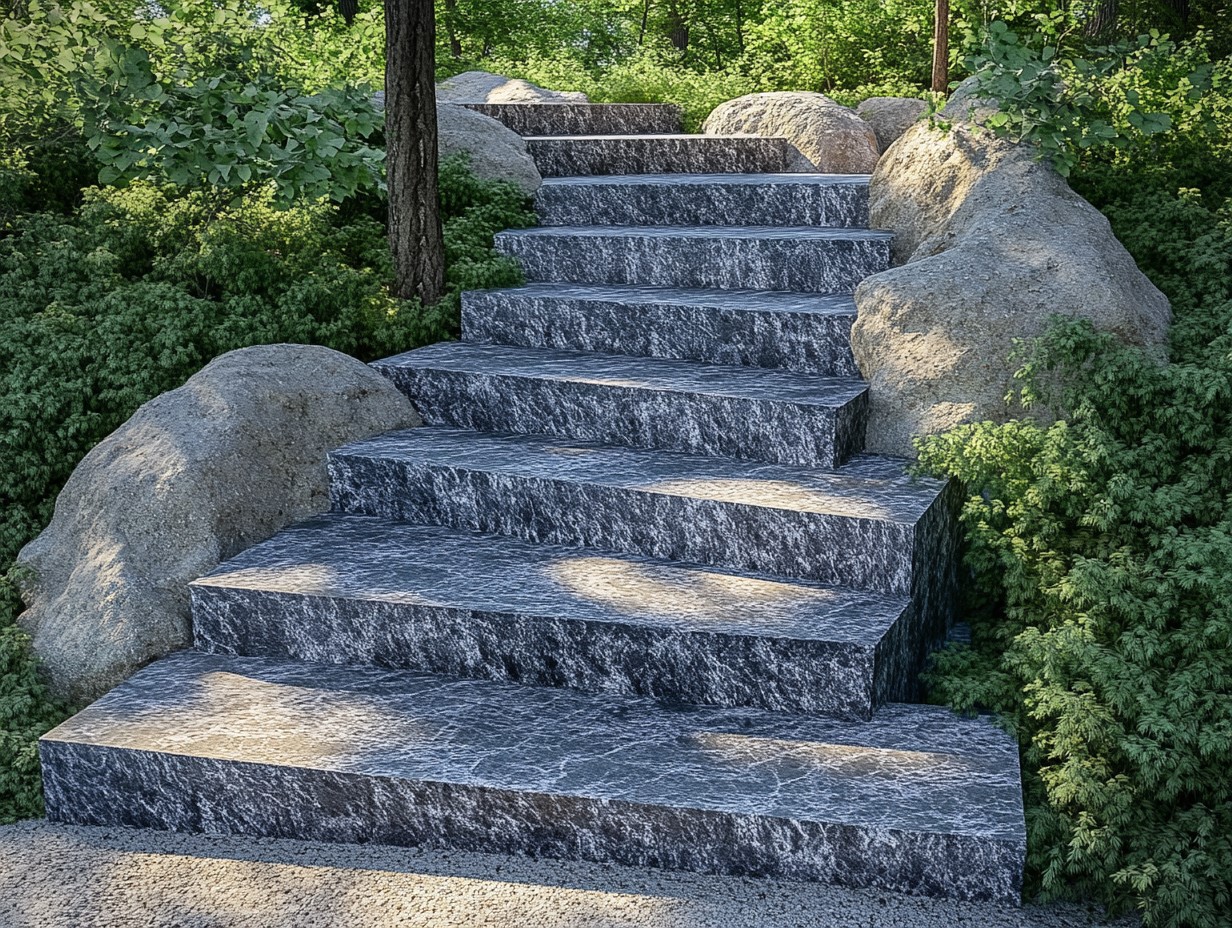 Rugged Look Unpolished Grey Granite Stairs Design Idea for Outdoor