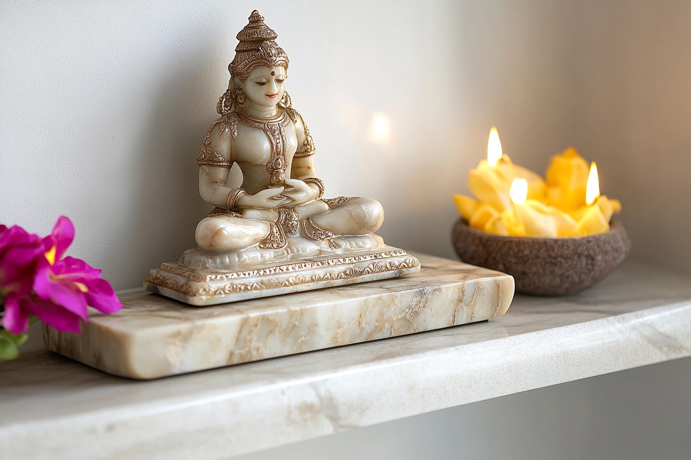 Simple Shelf-Style Marble Pooja Mandir Design for Home