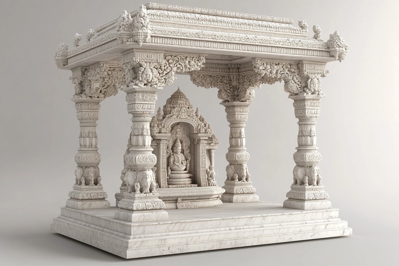 Traditional Marble Mandir Design with Carved Pillars