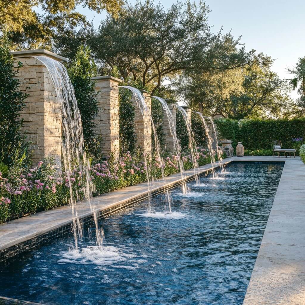 Modern Swimming Pool Design with Gorgeous Fountains