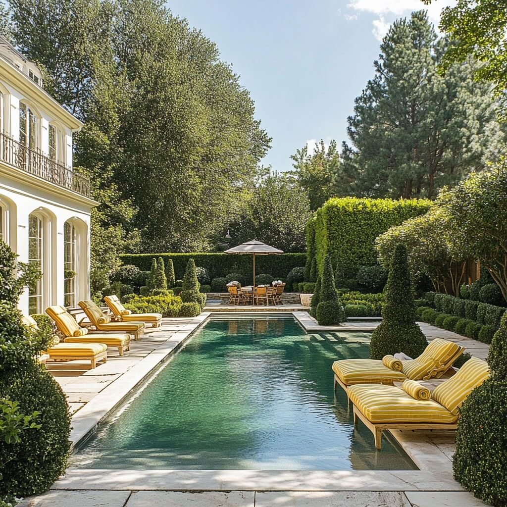 Pool Design Idea with Boxwood Topiaries and Wooden Lounge Chairs