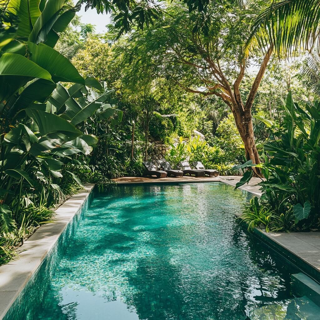 Swimming Pool Design Surrounded by Lush Green Canopy