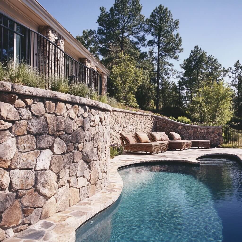 Swimming Pool Design with a Stone Wall Fence