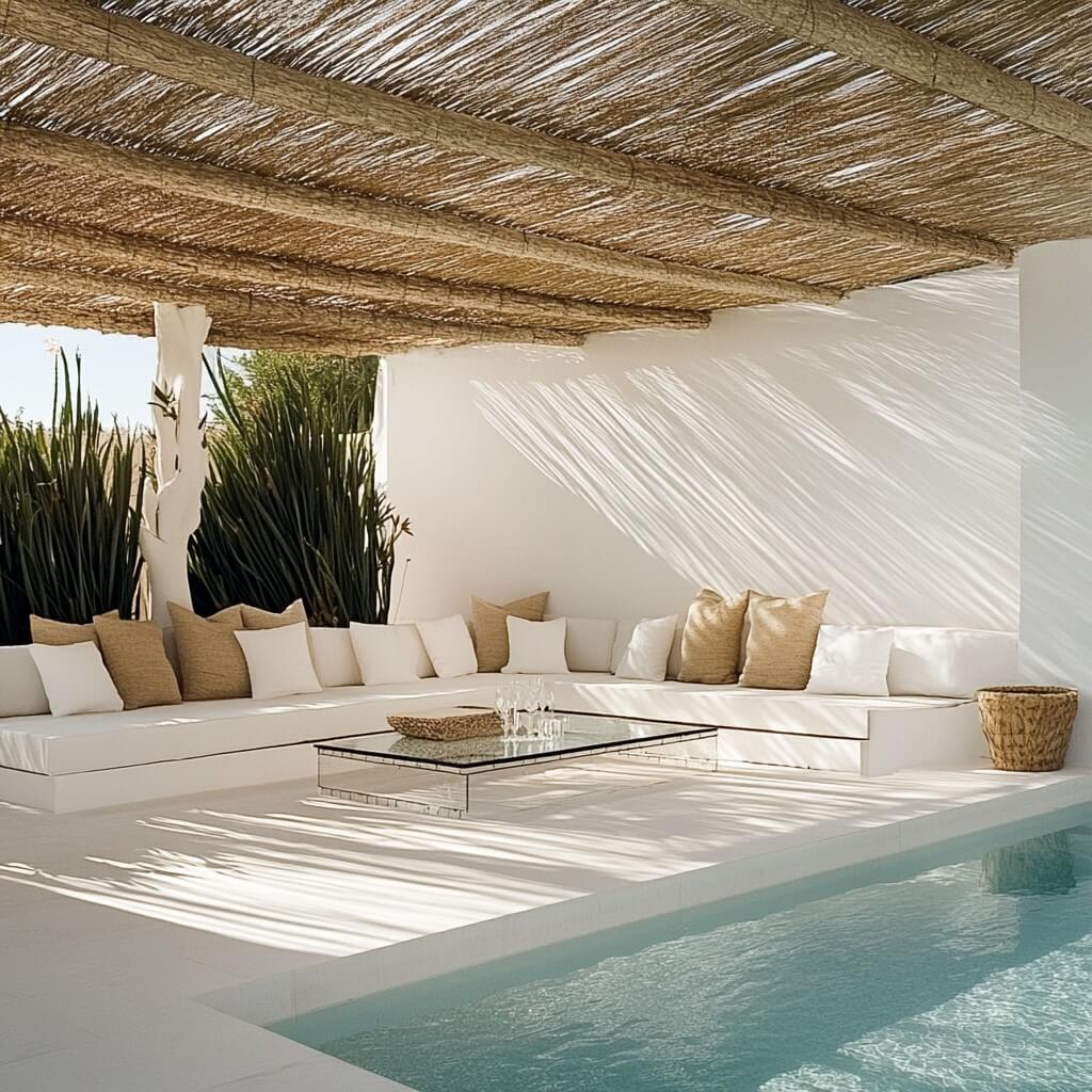 Swimming Pool Design with Raffia Roof Over the Deck