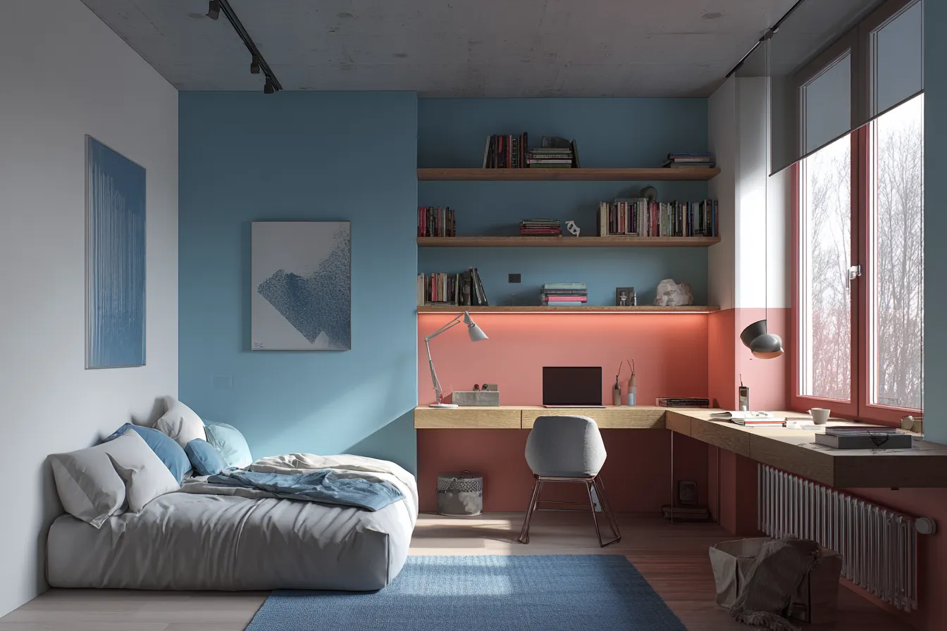 Apply Light Blue Colour in Bedroom Behind Study Table