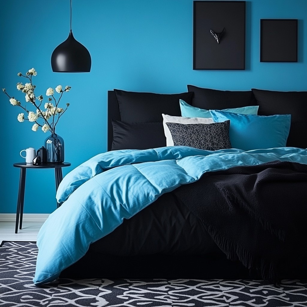 Black & Sky Blue Colour Combination for Bedroom Walls