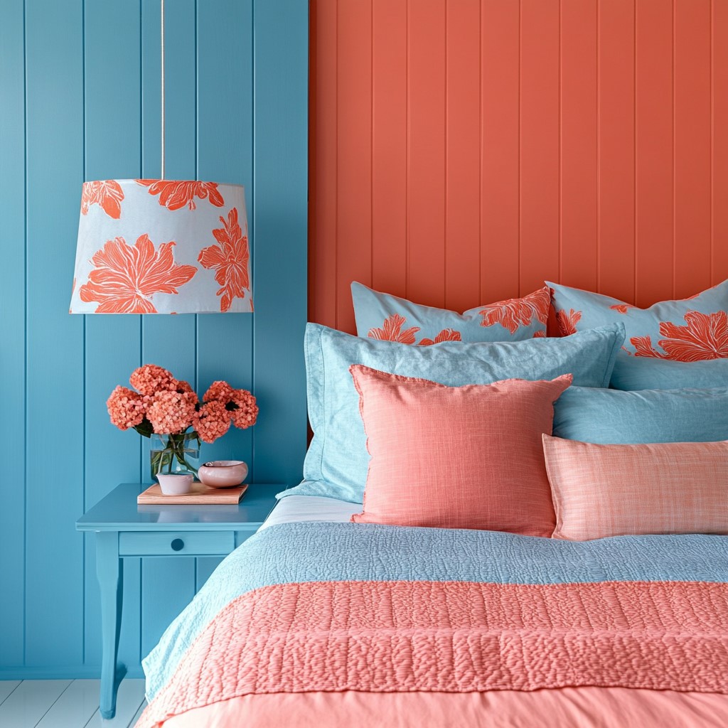 Coral & Sky Blue Colour Combination for Bedroom Walls