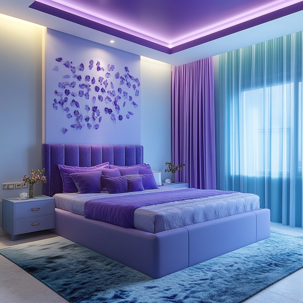 Purple & Sky Blue Colour Combination for Bedroom Walls