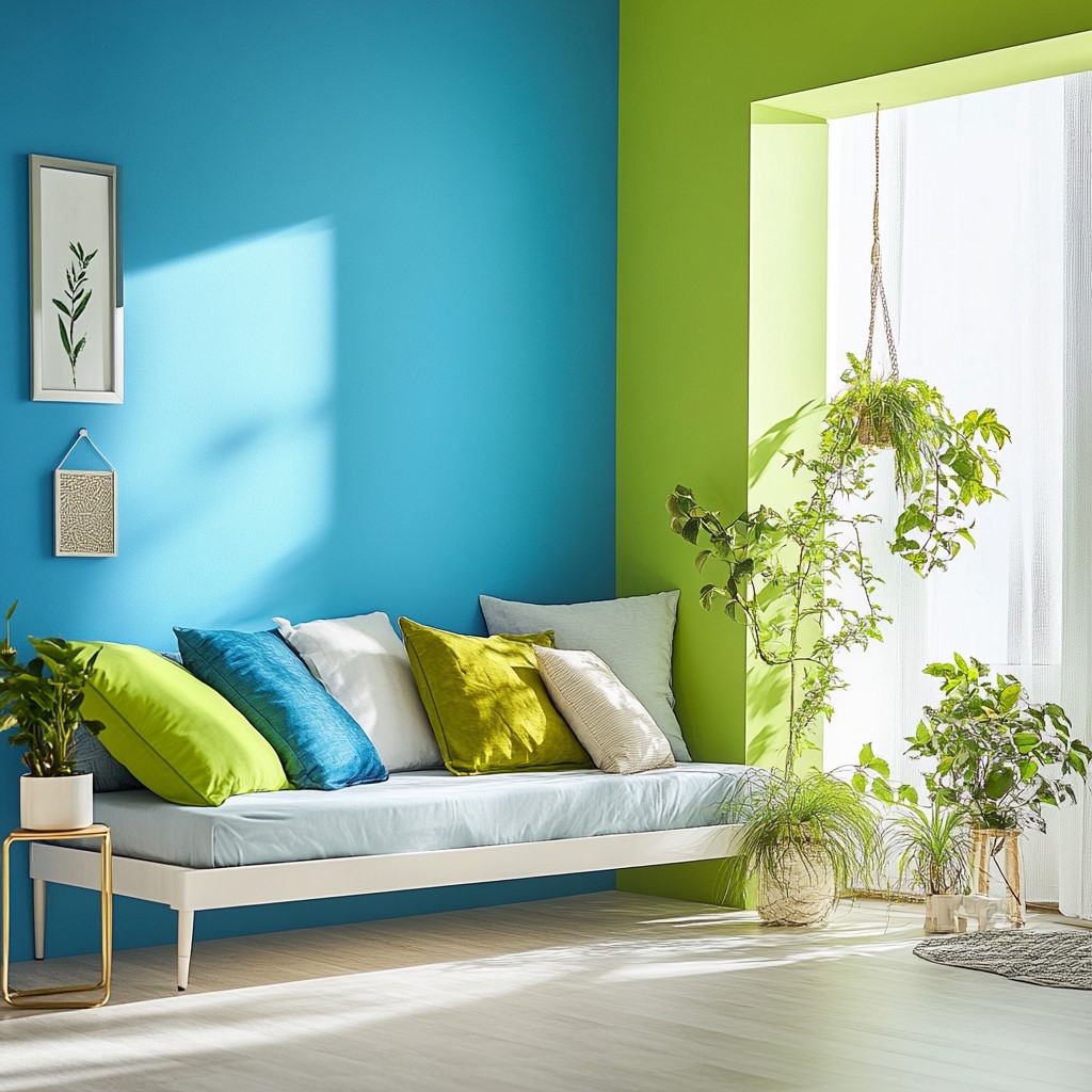 Sky Blue & Green Wall Paint Design for Bedroom Walls