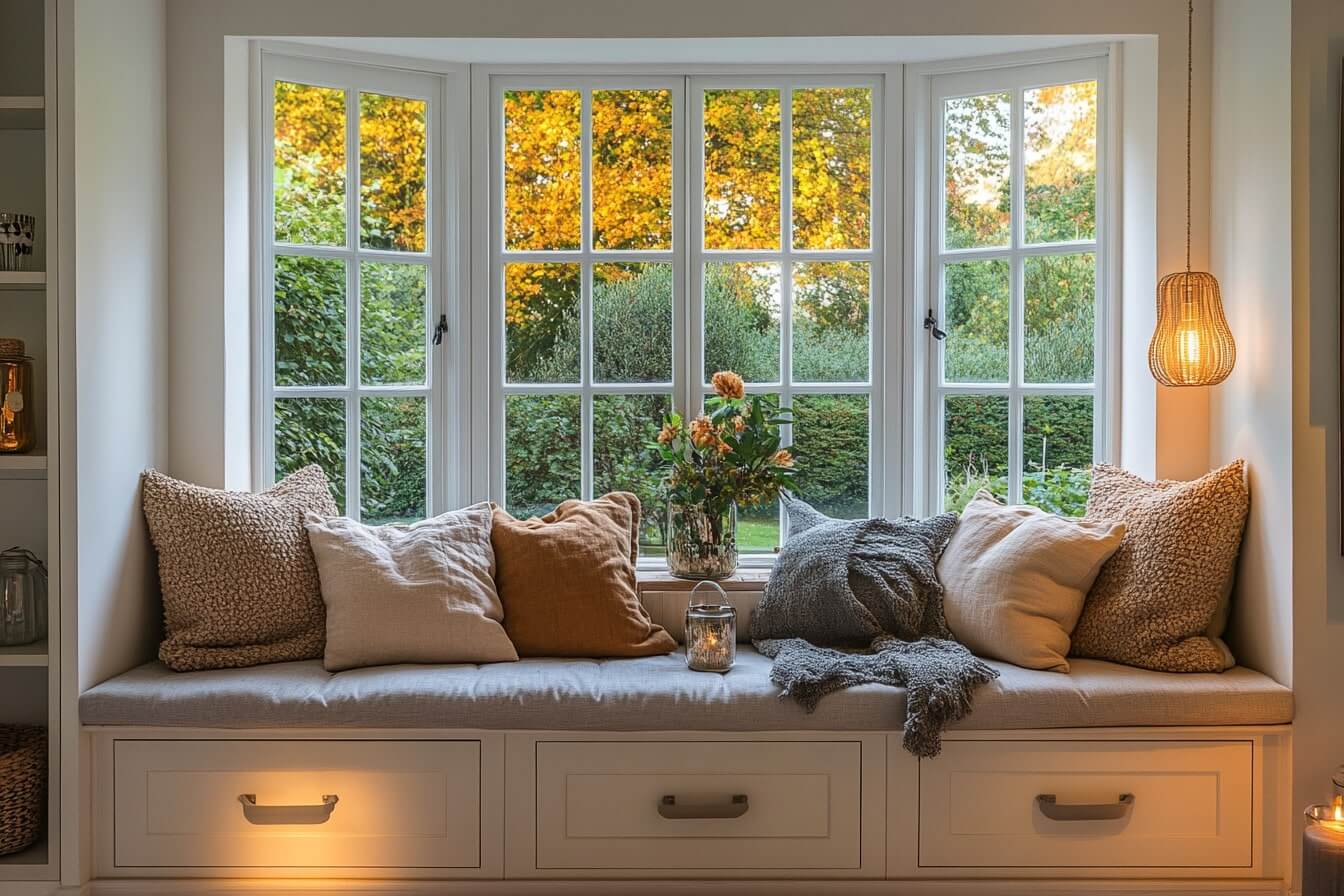 Cozy window seat with cushions in bay window