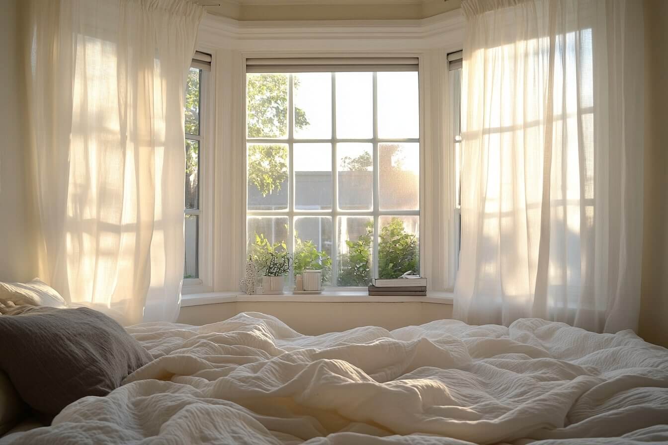 Softly lit bedroom with bay window