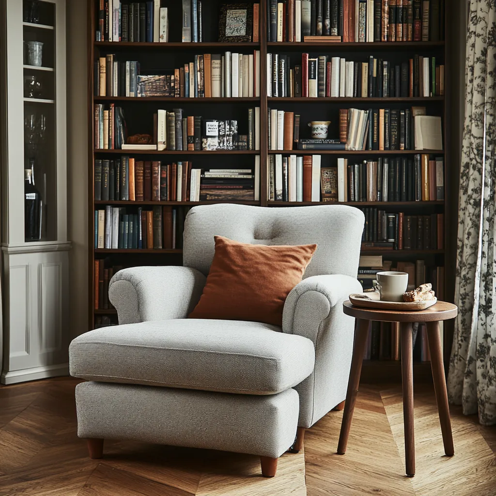 Tufted Arm Chair and Side Table Small Home Library Design Ideas- Tufted Arm Chair and Side Table