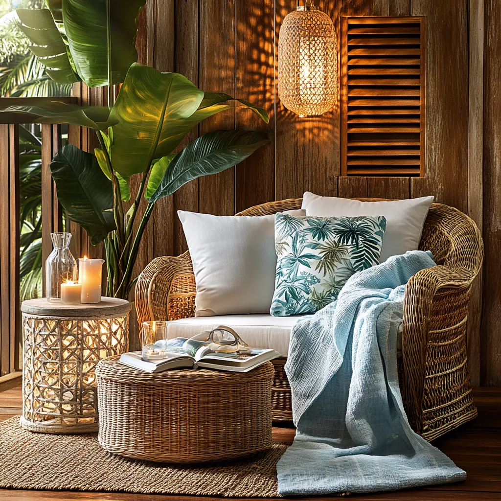 Wicker End Table and Cosy Blankets Small Home Library Design Ideas- Wicker End Table and Cosy Blankets