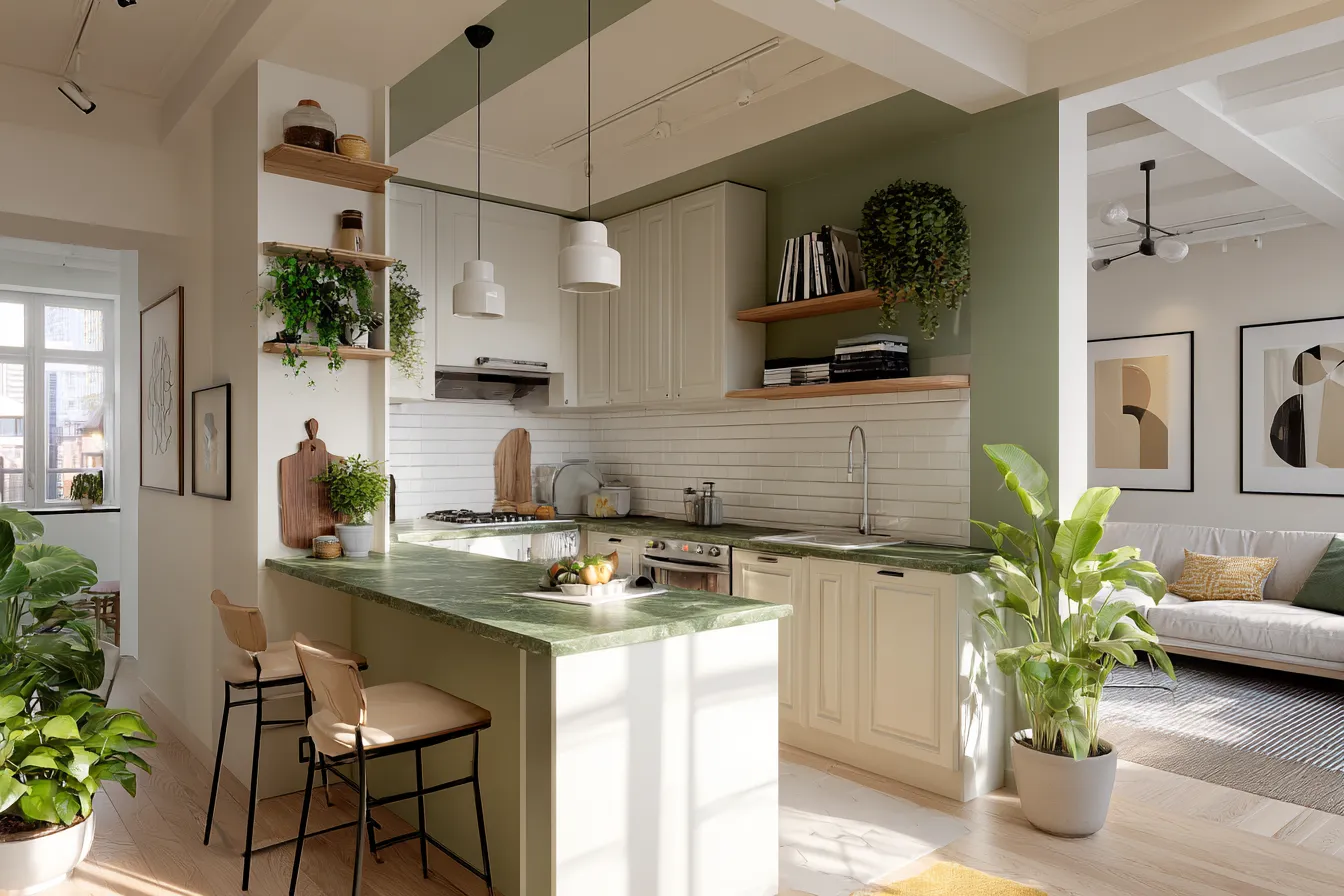 Modern U-shaped Kitchen with Green Quartz Countertop and neutral Cabinets
