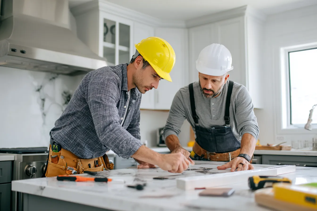Fabricators Measuring and Fitting a Quartz Countertop in a Modern Kitchen