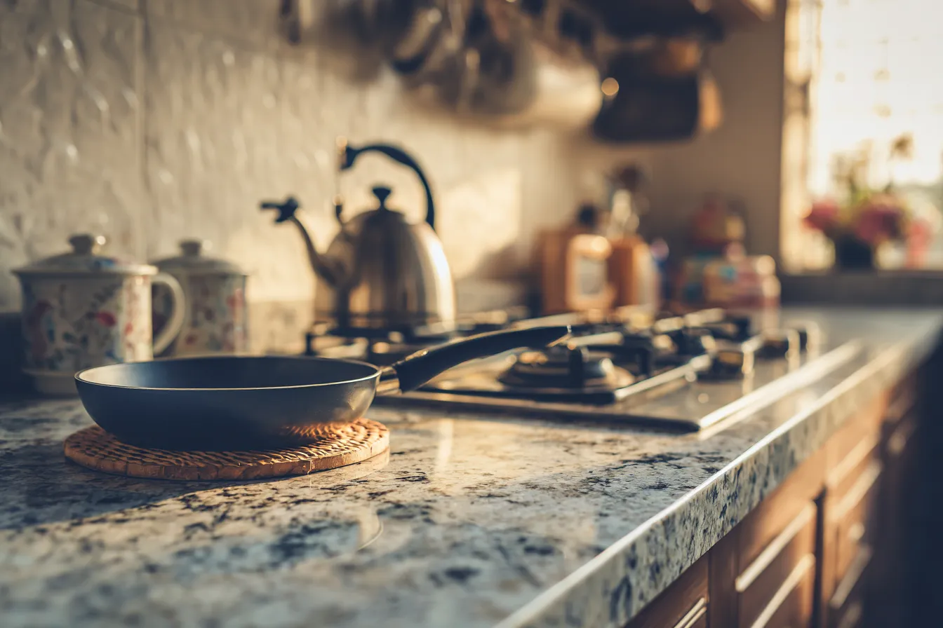 Granite-style Quartz Countertop with Cookware Placed Near Gas Stove in a Kitchen