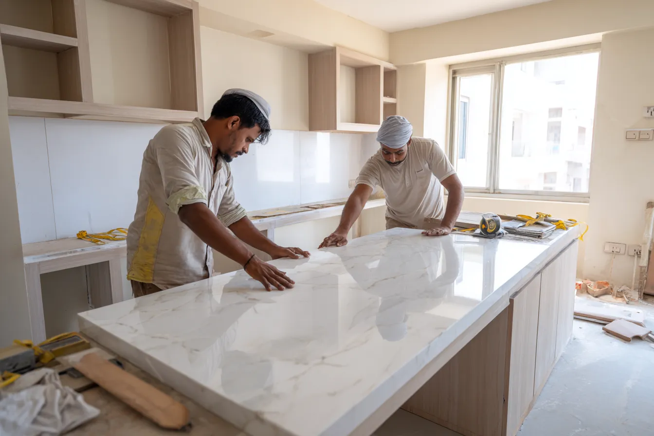 Installation of a White Engineered Quartz Slab by Fabricators