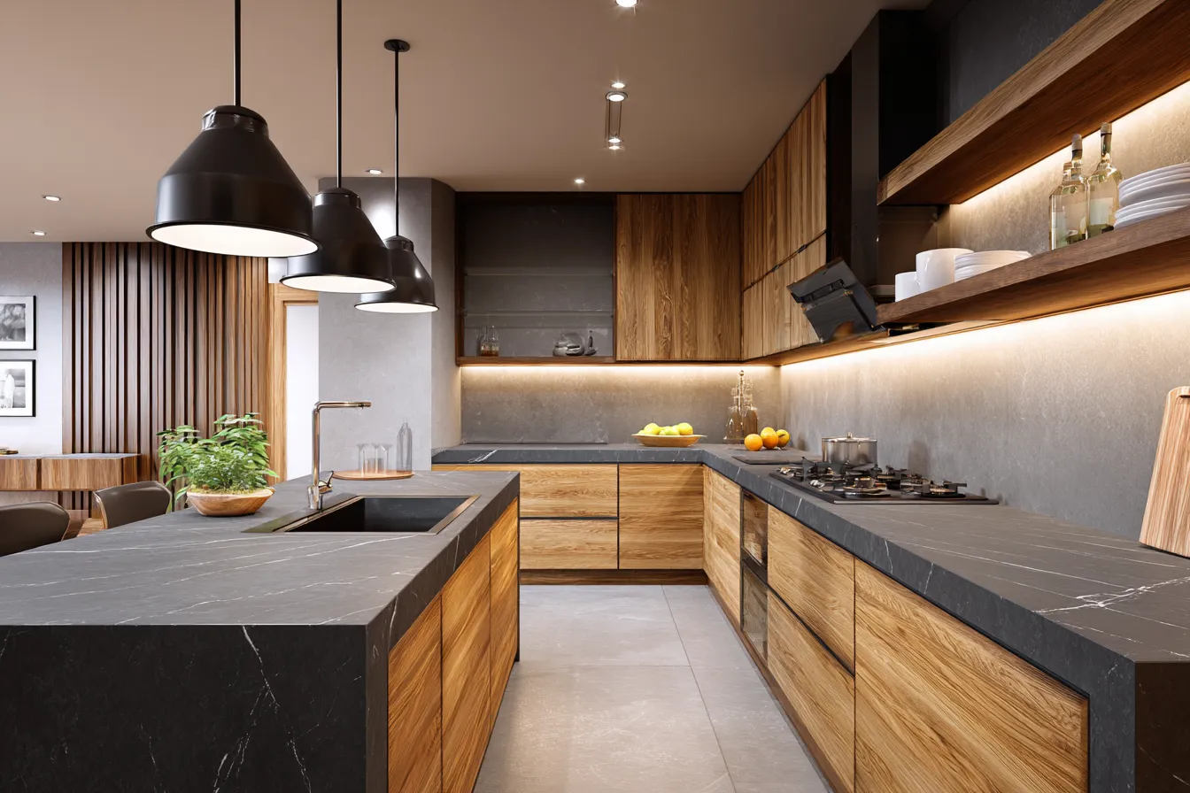 Beige Colour Quartz Countertop in a L-Shaped Kitchen with an Island
