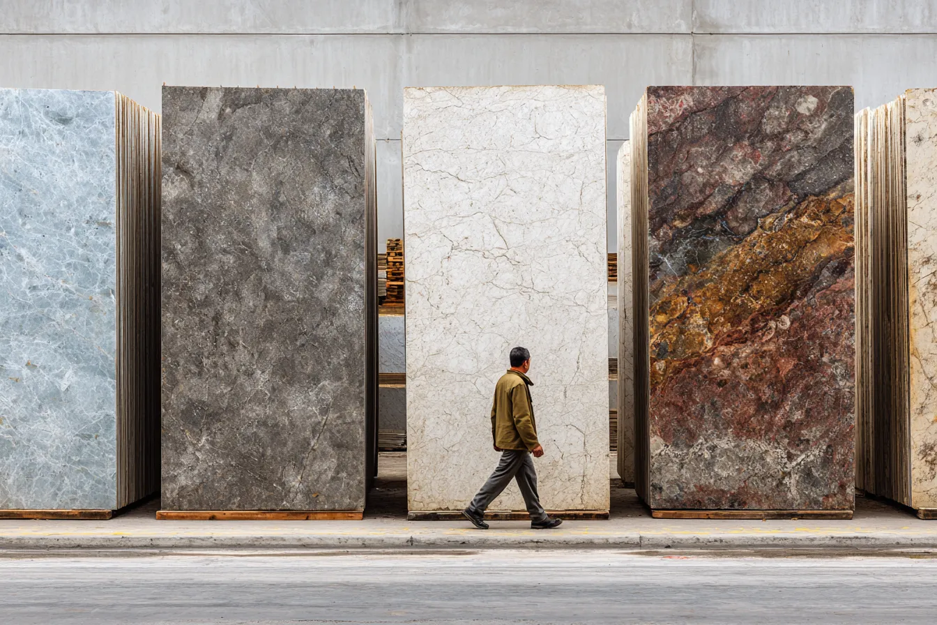 Large Quartz Countertop Slabs Displayed in a Warehouse