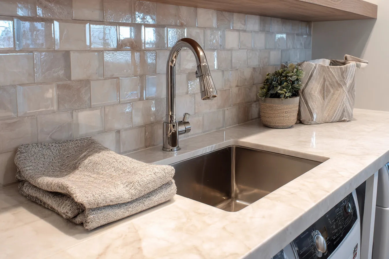 Light Colour Quartz Countertop Tile with Stainless Steel Sink and Textured Backsplash Tile