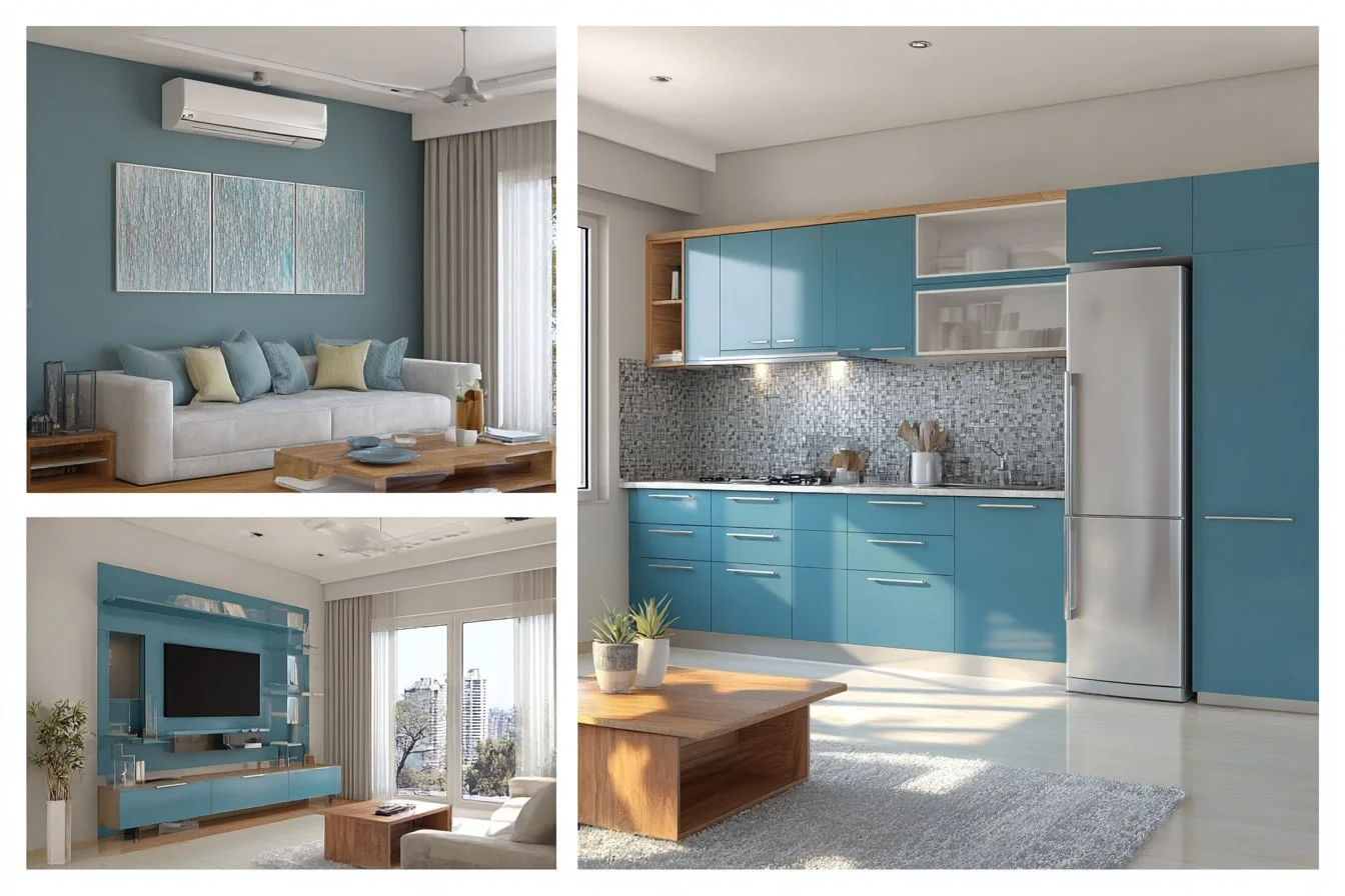 Modern Blue Membrane Finish Kitchen Shutters And TV Unit Design with Living Room Decor