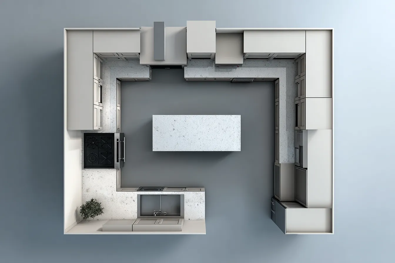 Modern Kitchen Layout with White Quartz Countertops and Island