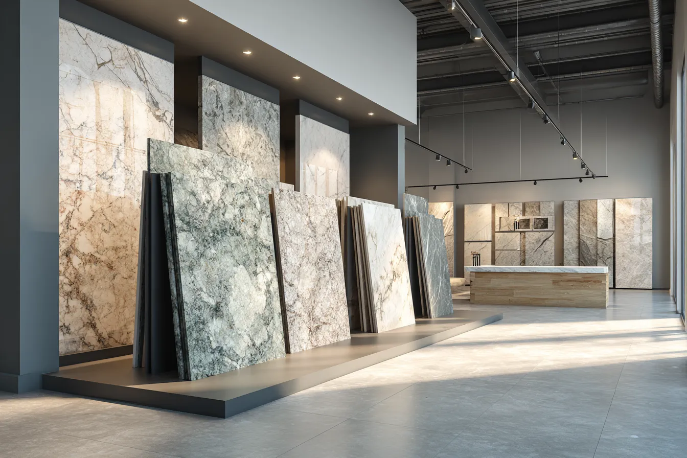 Quartz Countertop with Various Colours and Patterns Displayed in a Big Showroom