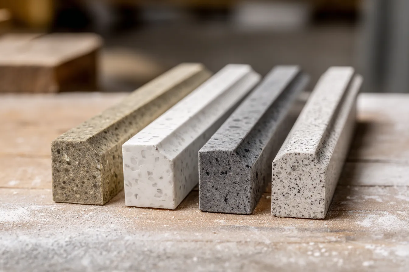 Quartz Countertop Edge Samples in Multiple Colours and Finishes on a Workshop Table