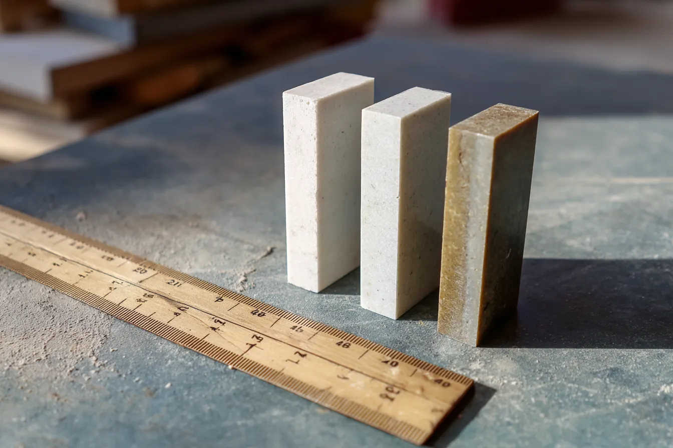 Quartz Countertop Edge Samples on a Workshop Table