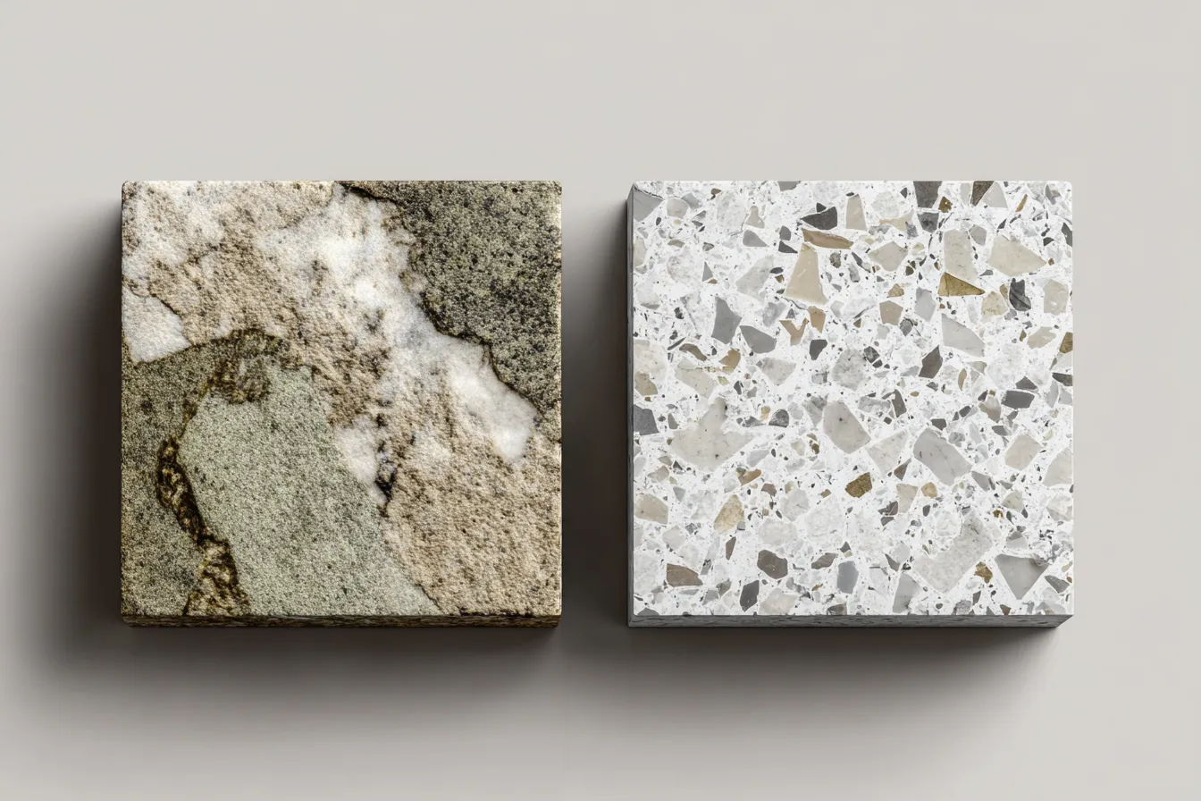 Quartz Countertop Samples in a  Mixed Stone Textures and Light Terrazzo Pattern