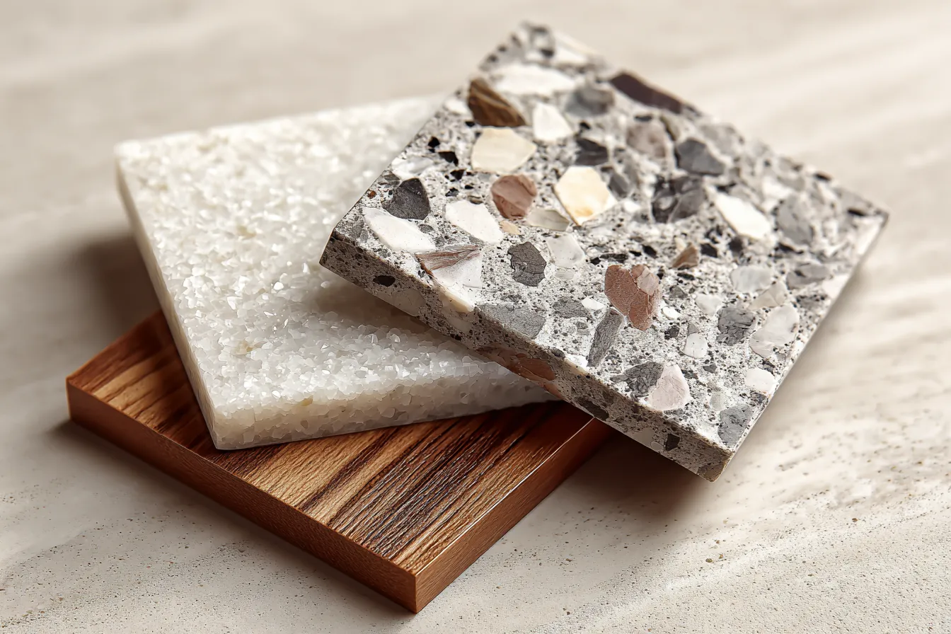 Quartz Countertop Samples in a Textured Sparkle and Wood-Look Finishes