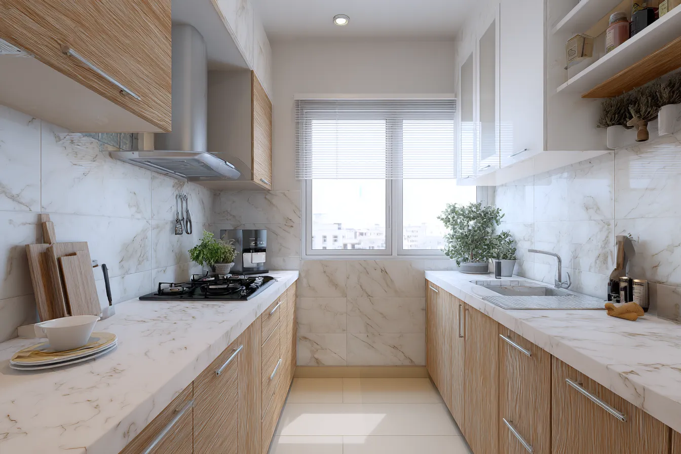 Parallel Kitchen Design Featuring White Colour Quartz Countertop