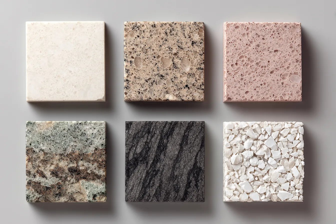 Types of Quartz Countertop Samples in Multiple Colours and Textures