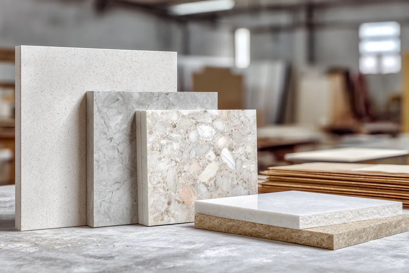 Variety of Quartz Countertop Samples Shown in a Fabrication Workshop