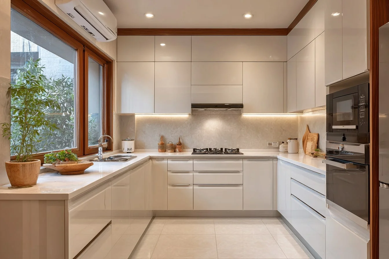 White Membrane Finish U-shaped Modular Kitchen with Soft Under-cabinet Lighting