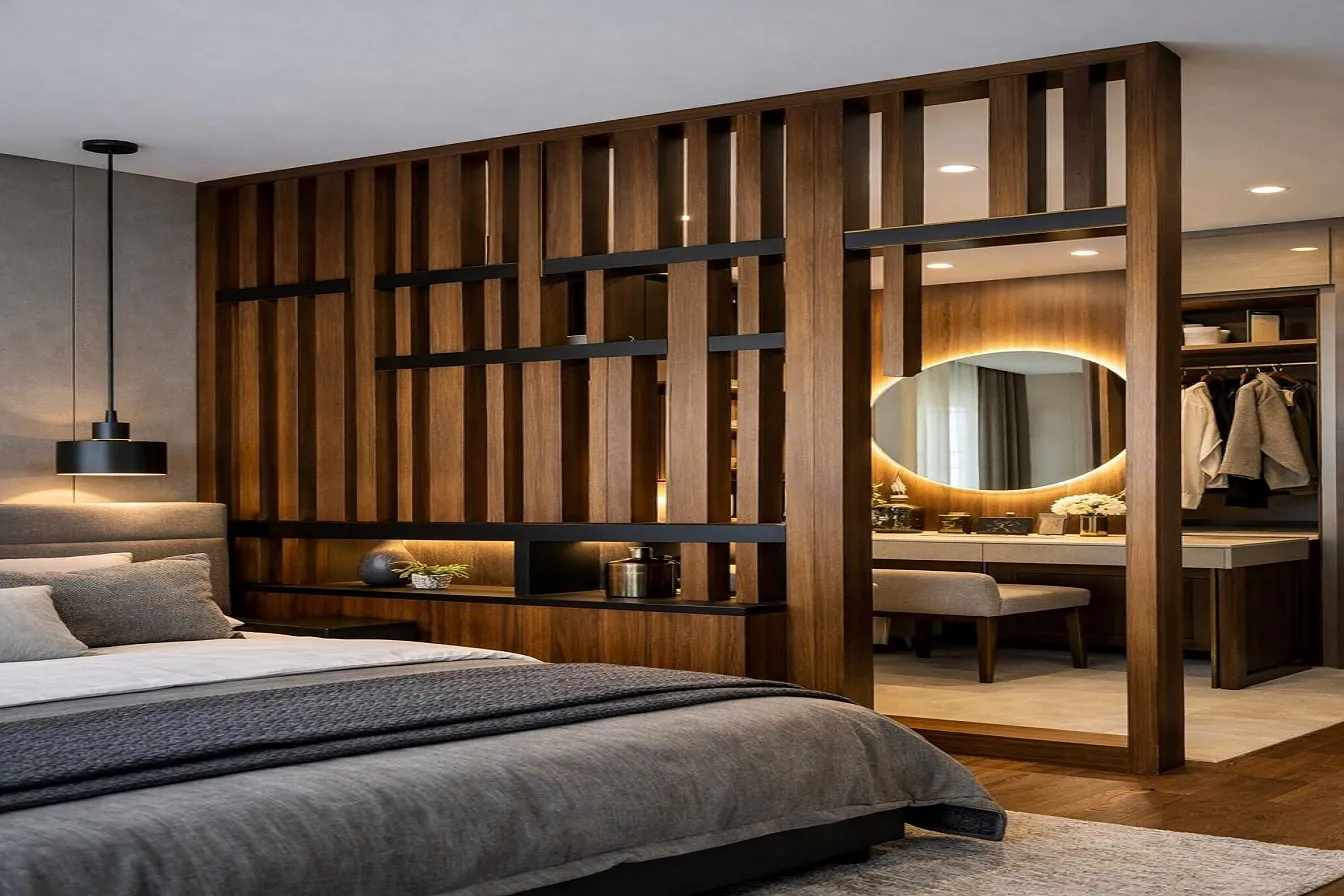 Bedroom Partition Design With Wooden Panels