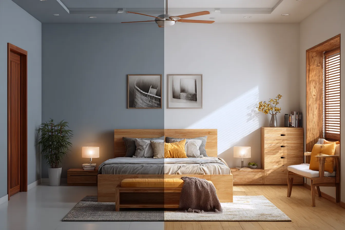 Bedroom Showcasing Vastu-friendly Lighting, Bed Placement, and Balanced Colour Tones